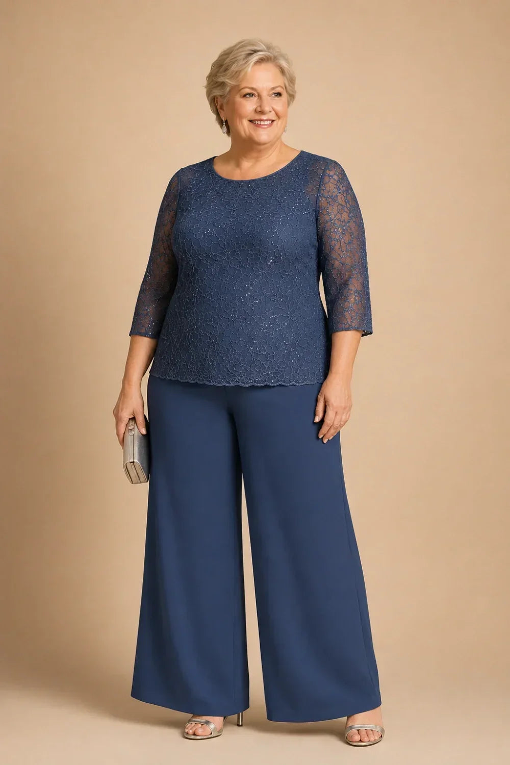 Beaded Wide-Leg Trouser Suit with 3/4 Sleeves