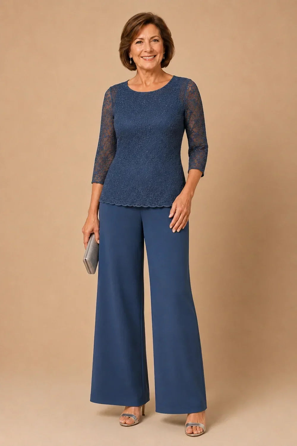 Beaded Wide-Leg Trouser Suit with 3/4 Sleeves