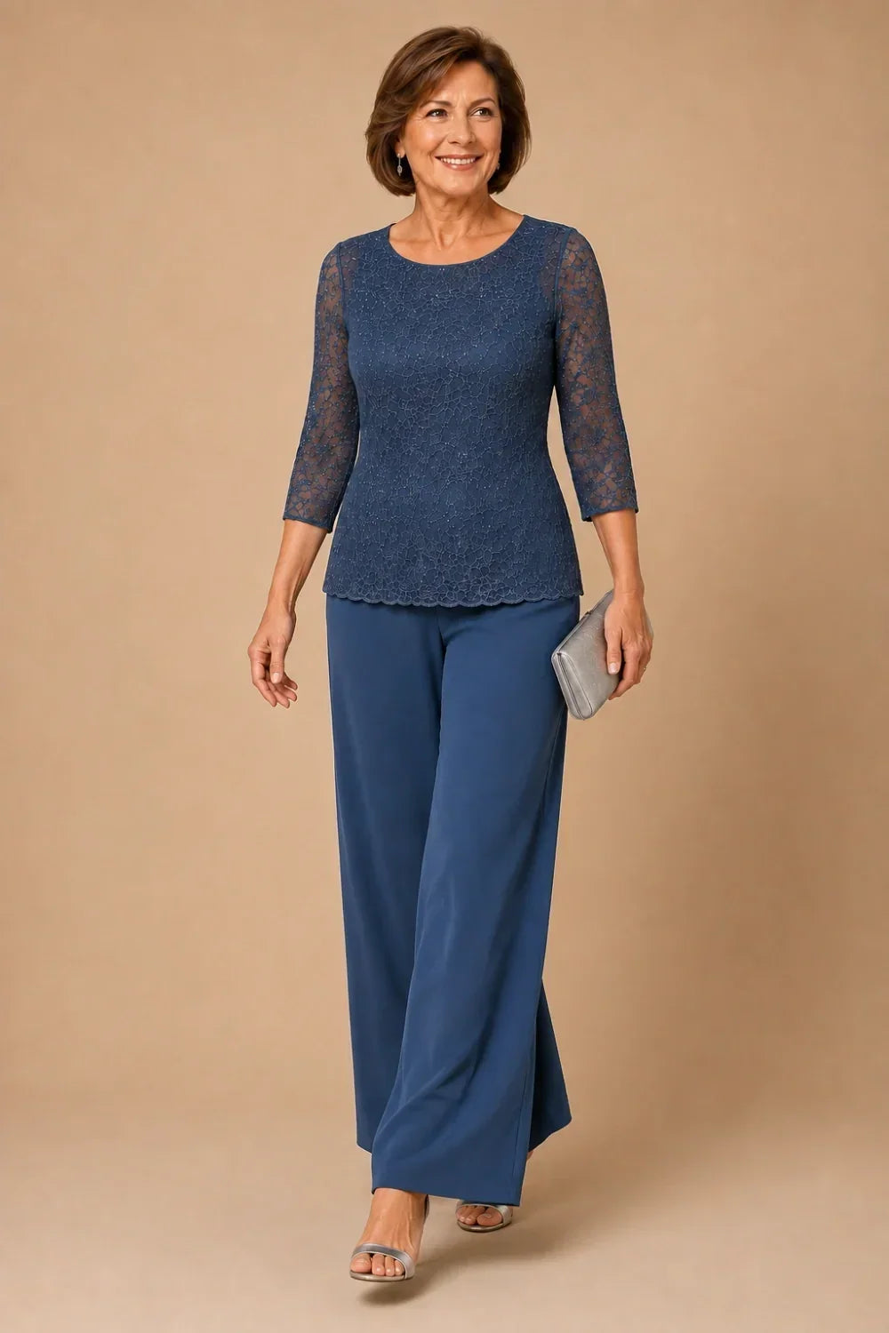 Beaded Wide-Leg Trouser Suit with 3/4 Sleeves