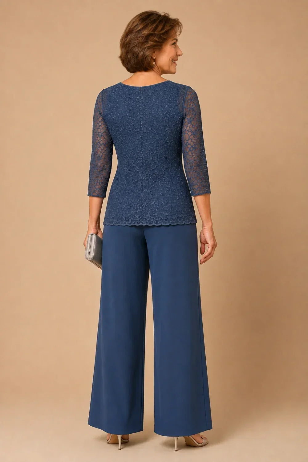 Beaded Wide-Leg Trouser Suit with 3/4 Sleeves