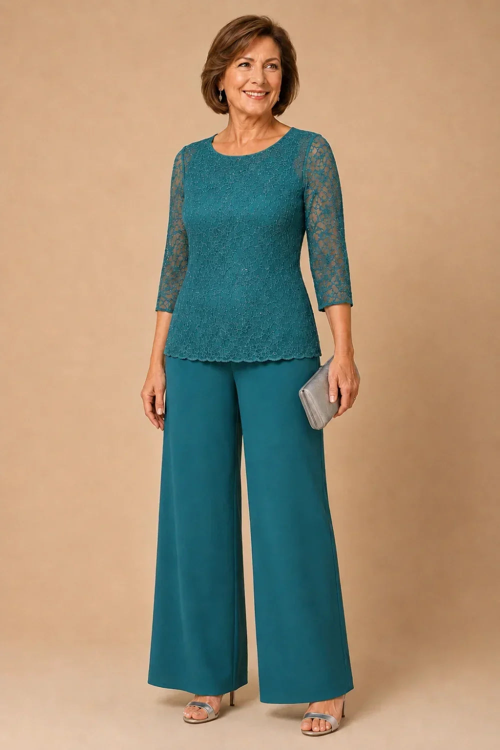 Beaded Wide-Leg Trouser Suit with 3/4 Sleeves