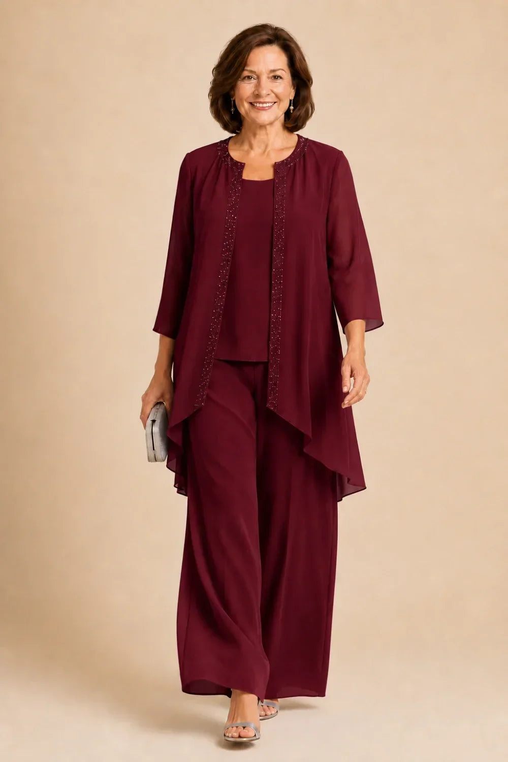 Beaded Three-Piece Trouser Suit with Draped Jacket