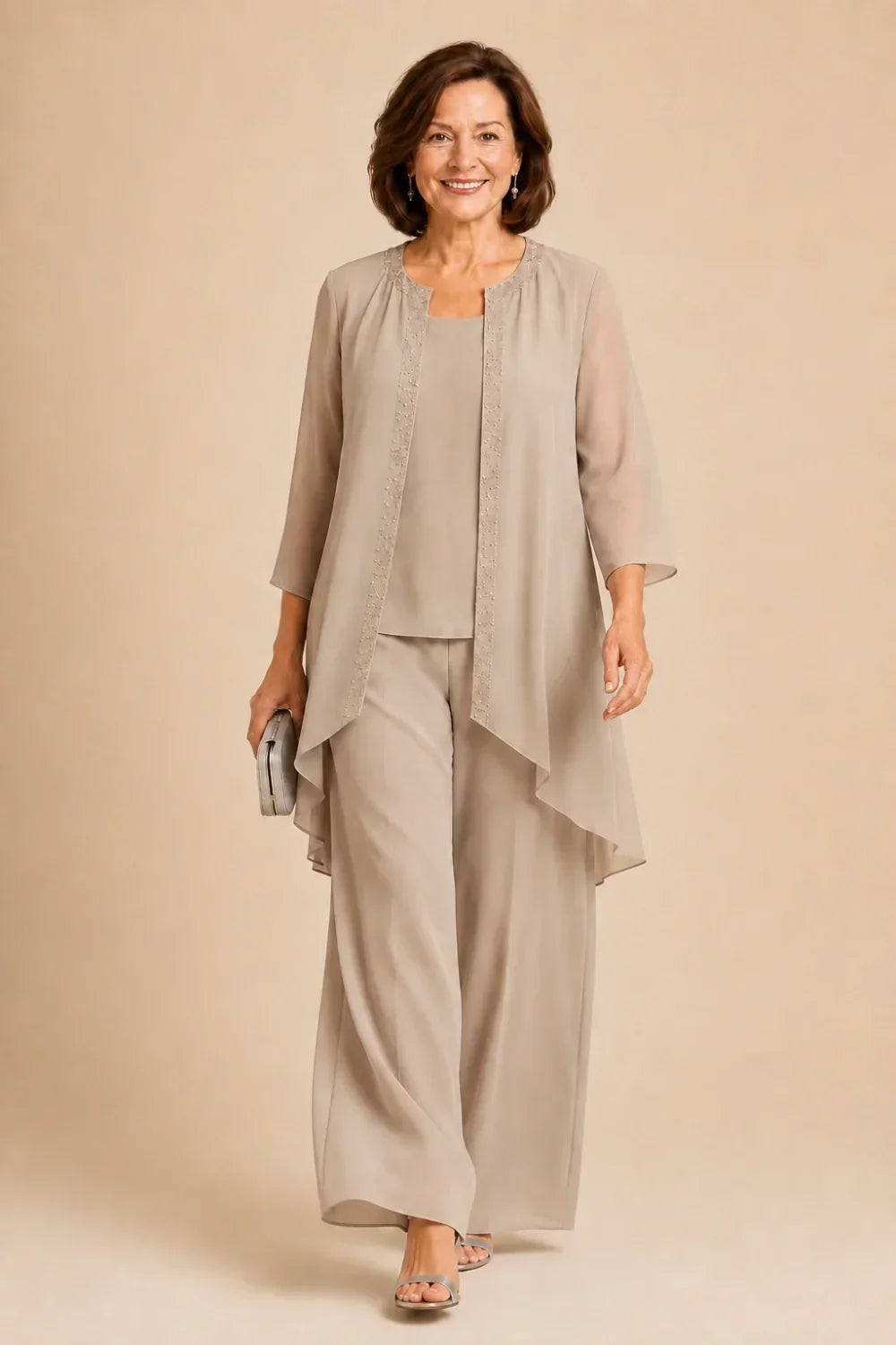 Beaded Three-Piece Trouser Suit with Draped Jacket