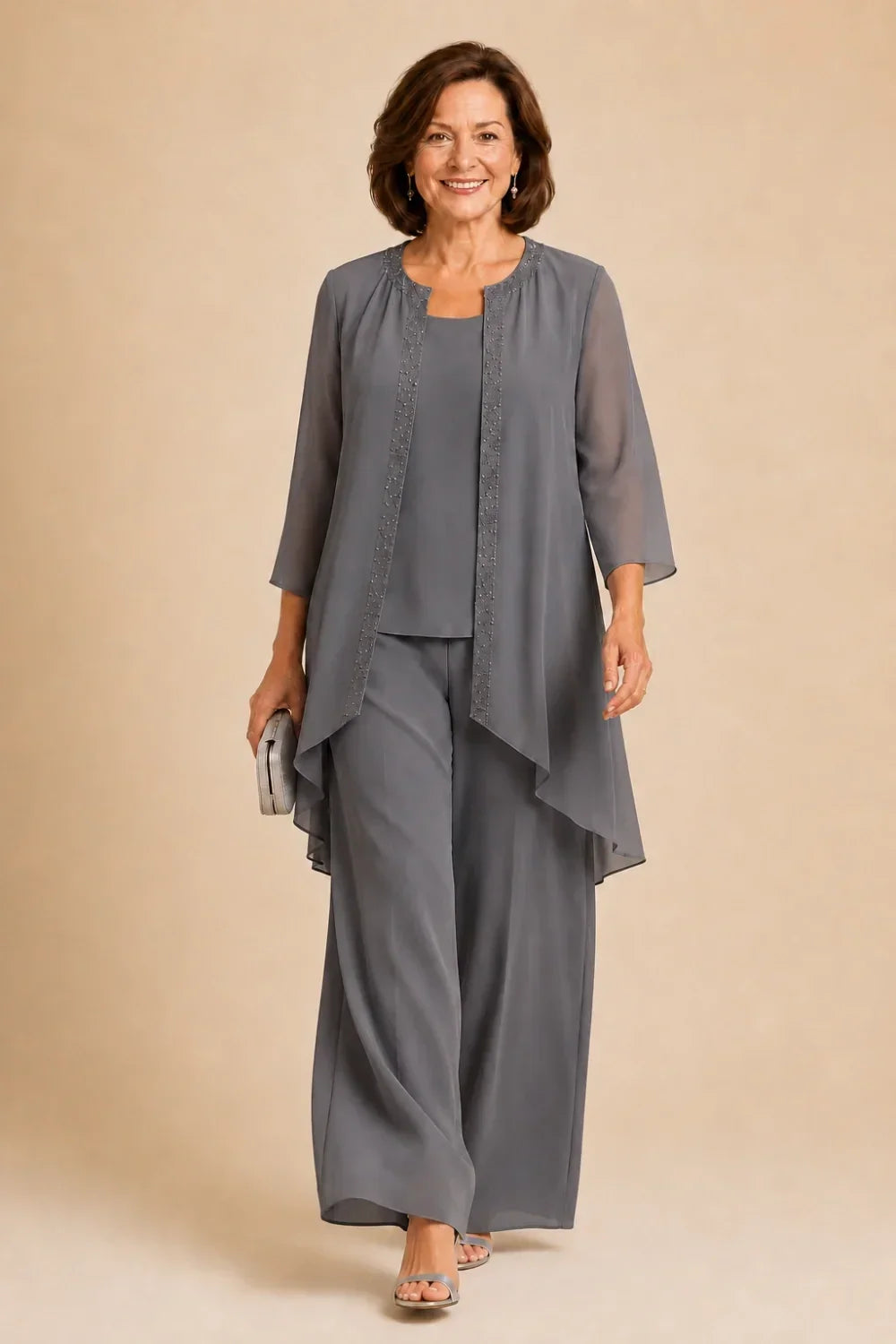 Beaded Three-Piece Trouser Suit with Draped Jacket