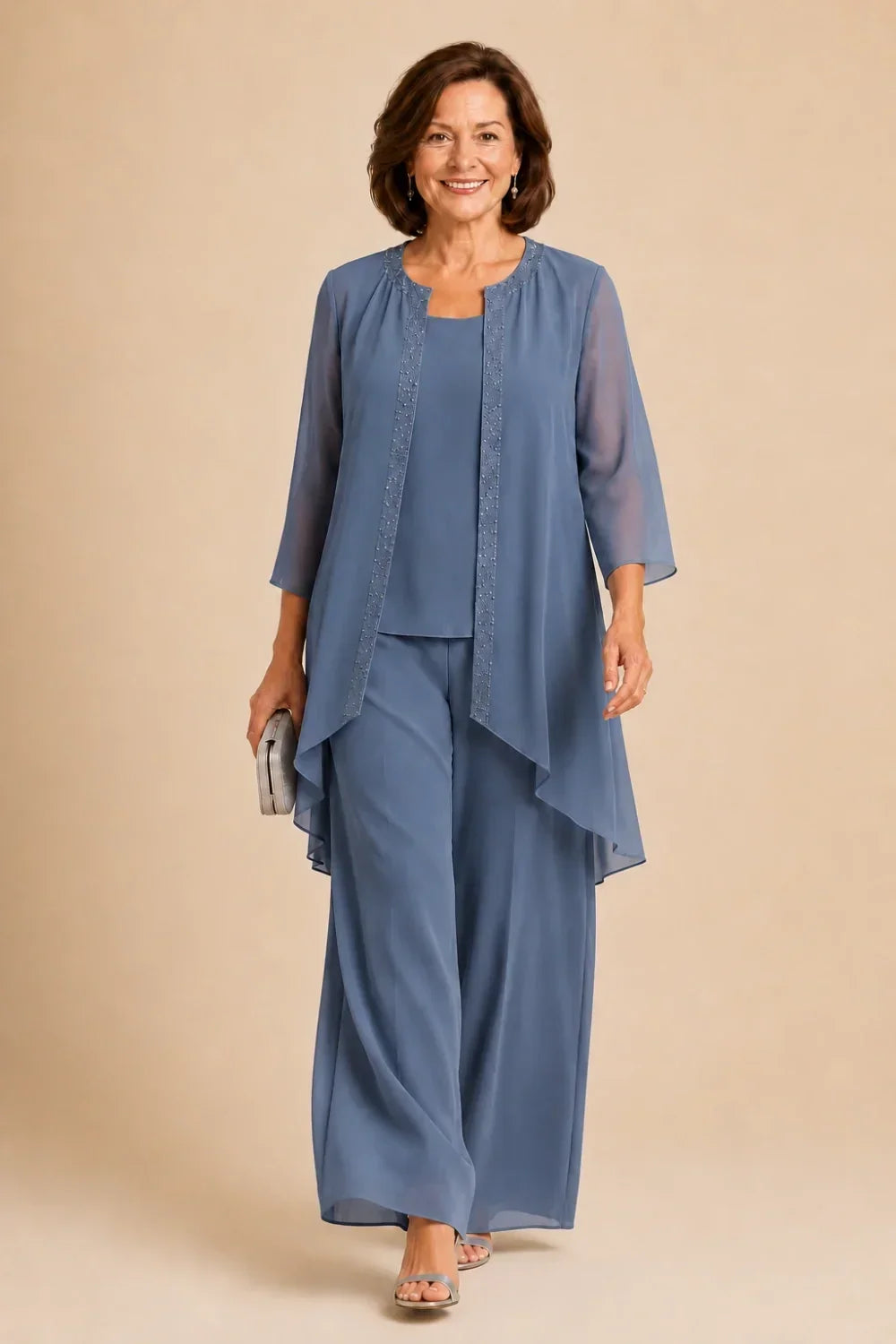 Beaded Three-Piece Trouser Suit with Draped Jacket