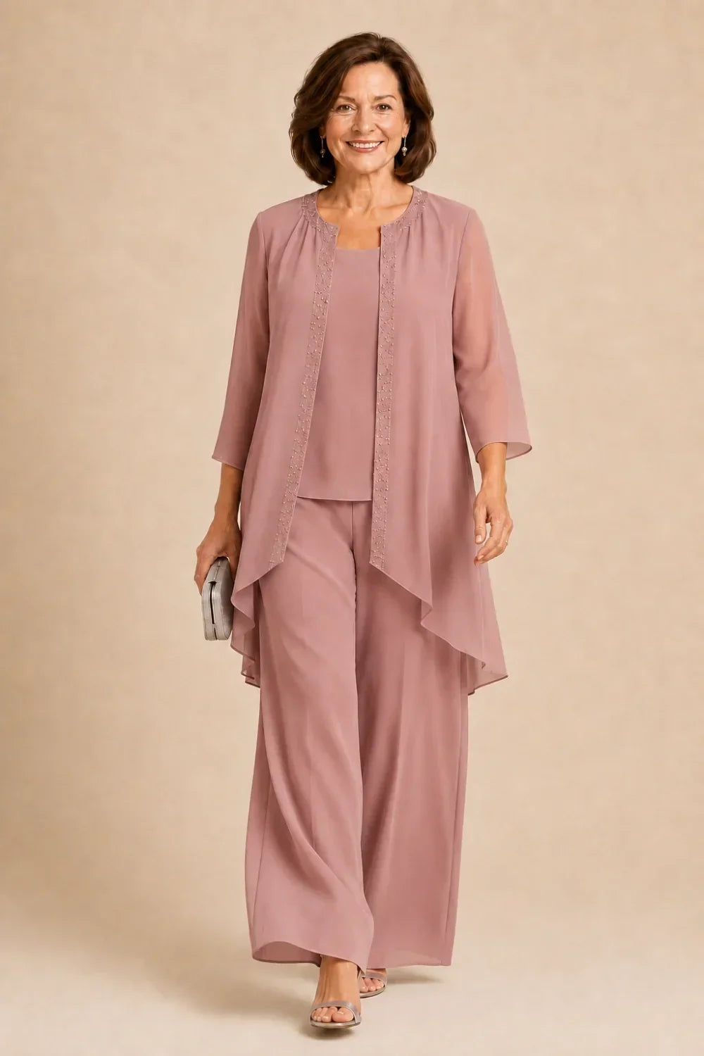 Beaded Three-Piece Trouser Suit with Draped Jacket