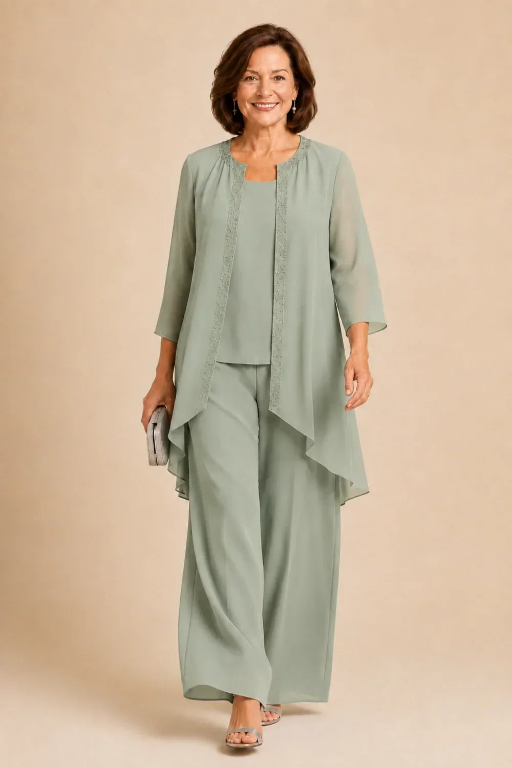 Beaded Three-Piece Trouser Suit with Draped Jacket