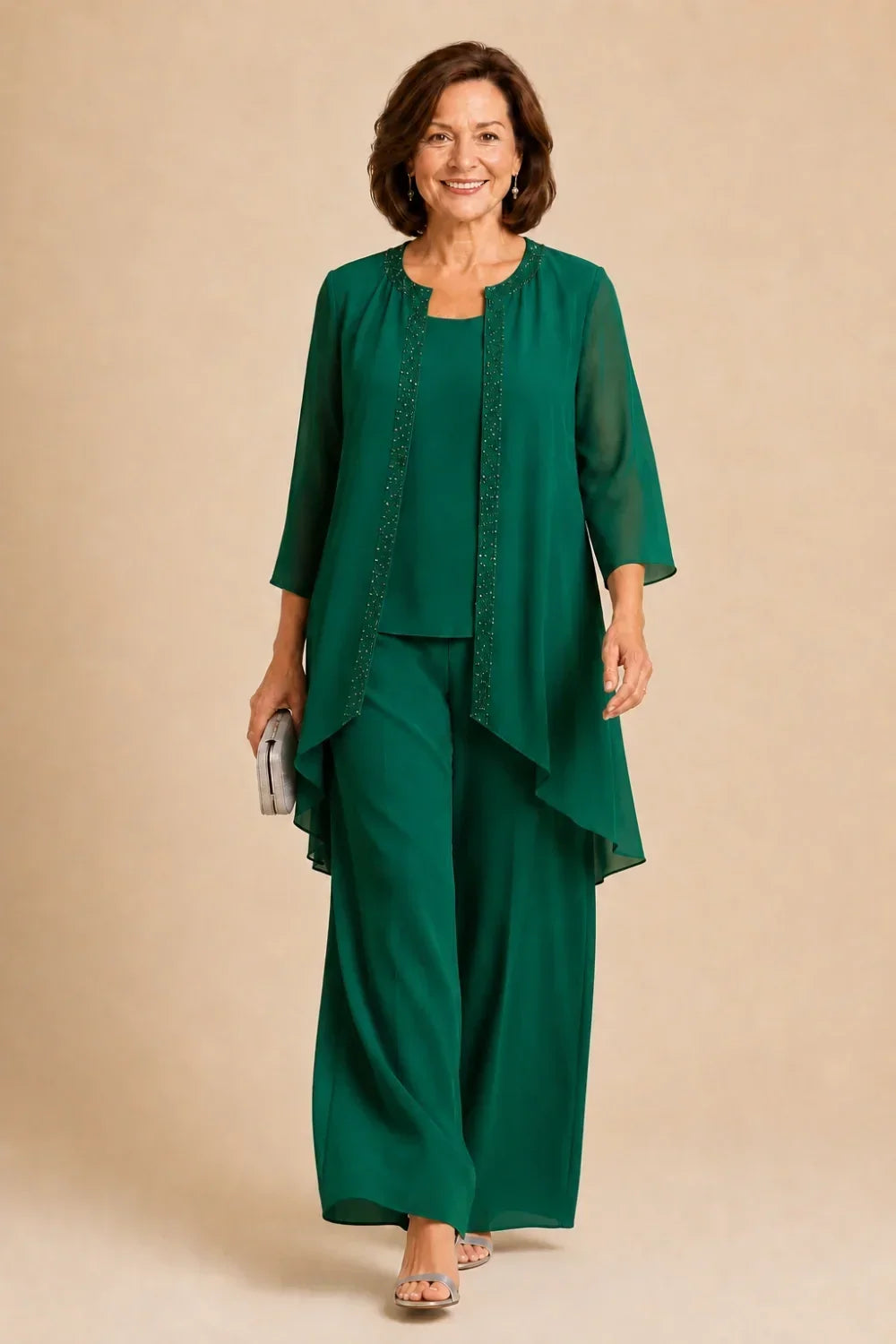 Beaded Three-Piece Trouser Suit with Draped Jacket