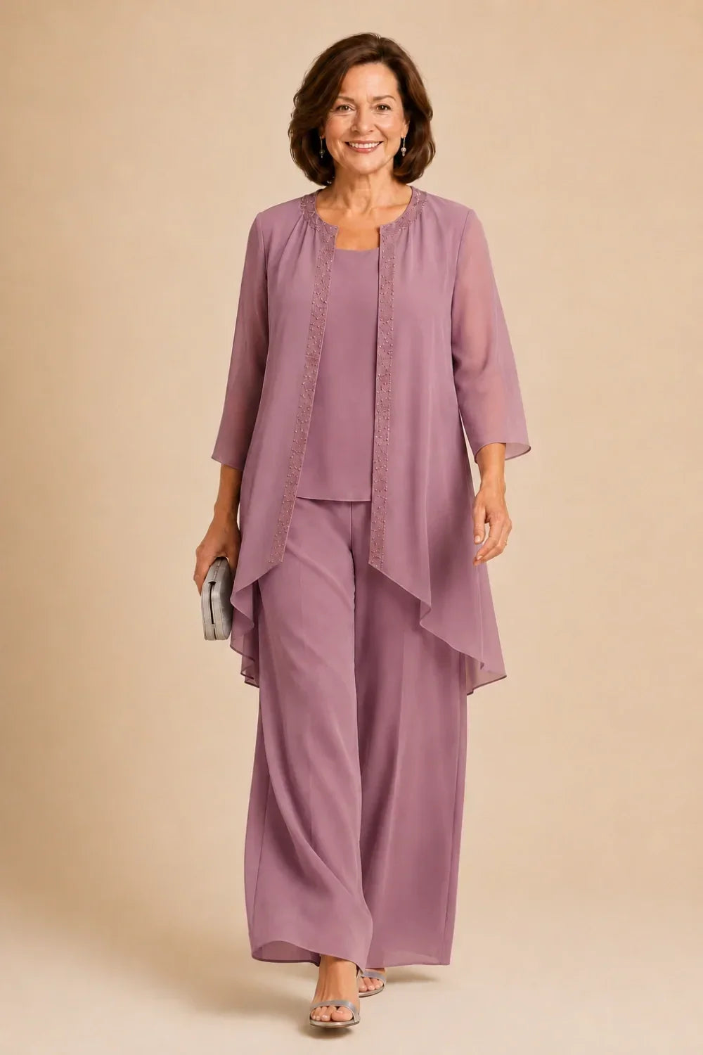 Beaded Three-Piece Trouser Suit with Draped Jacket