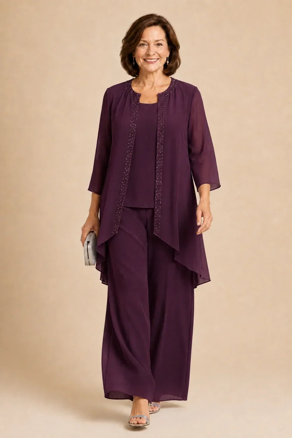 Beaded Three-Piece Trouser Suit with Draped Jacket