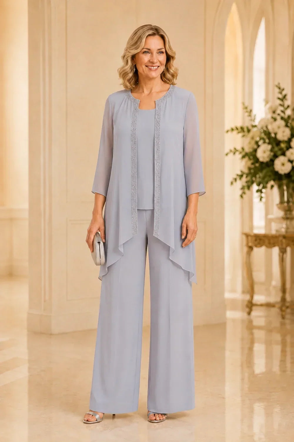 Beaded Three-Piece Trouser Suit with Draped Jacket