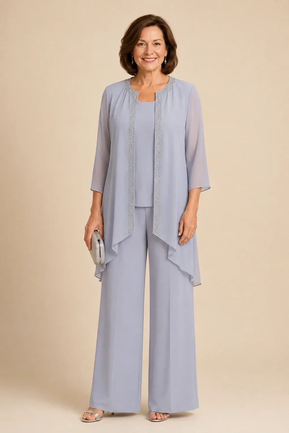 Beaded Three-Piece Trouser Suit with Draped Jacket