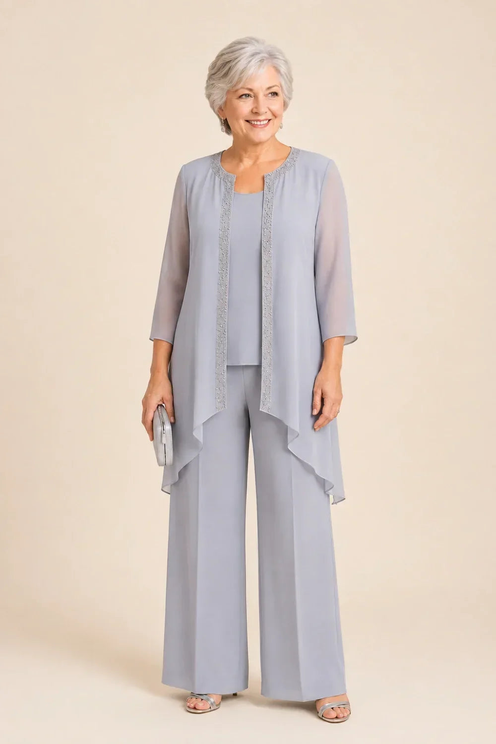 Beaded Three-Piece Trouser Suit with Draped Jacket