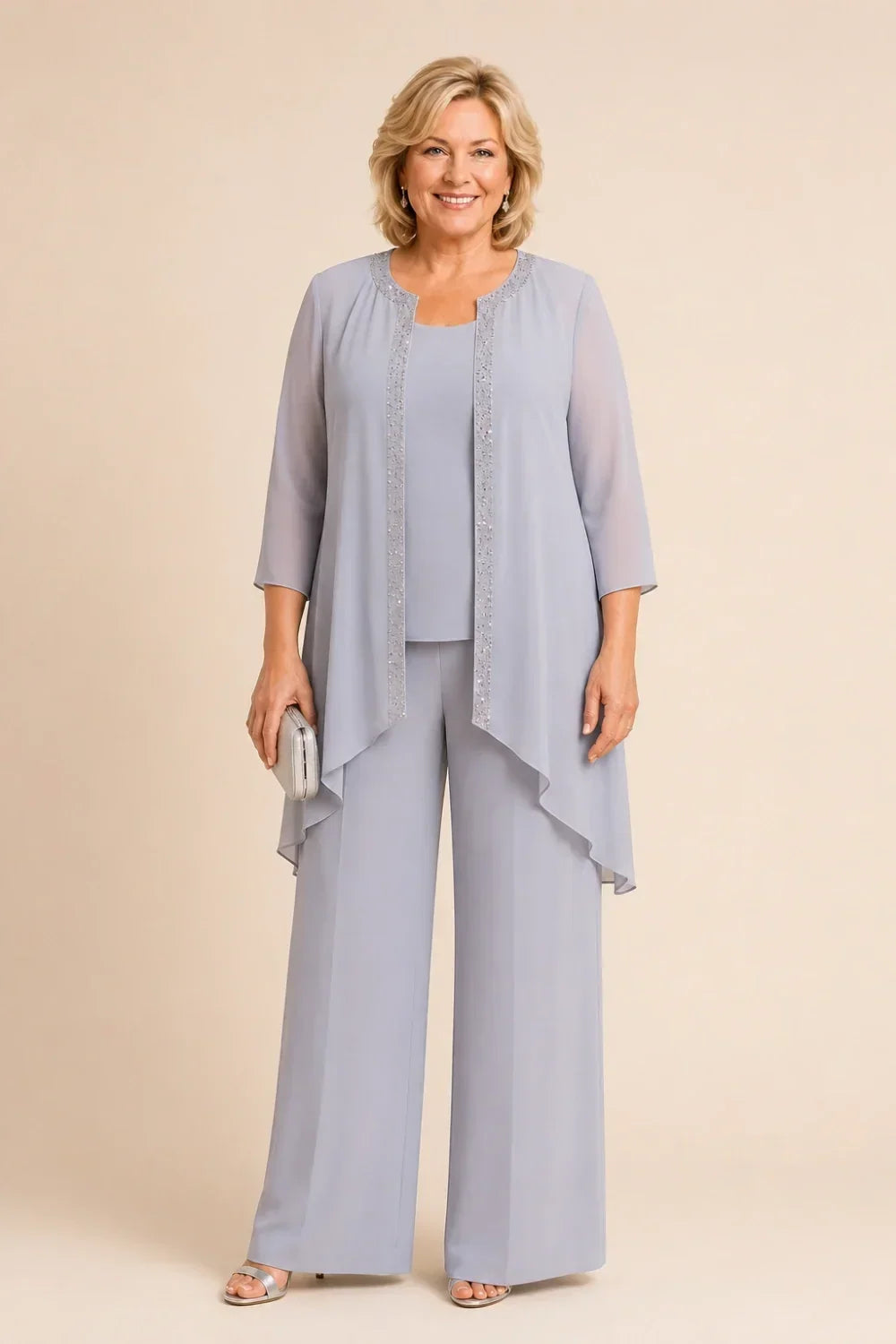 Beaded Three-Piece Trouser Suit with Draped Jacket
