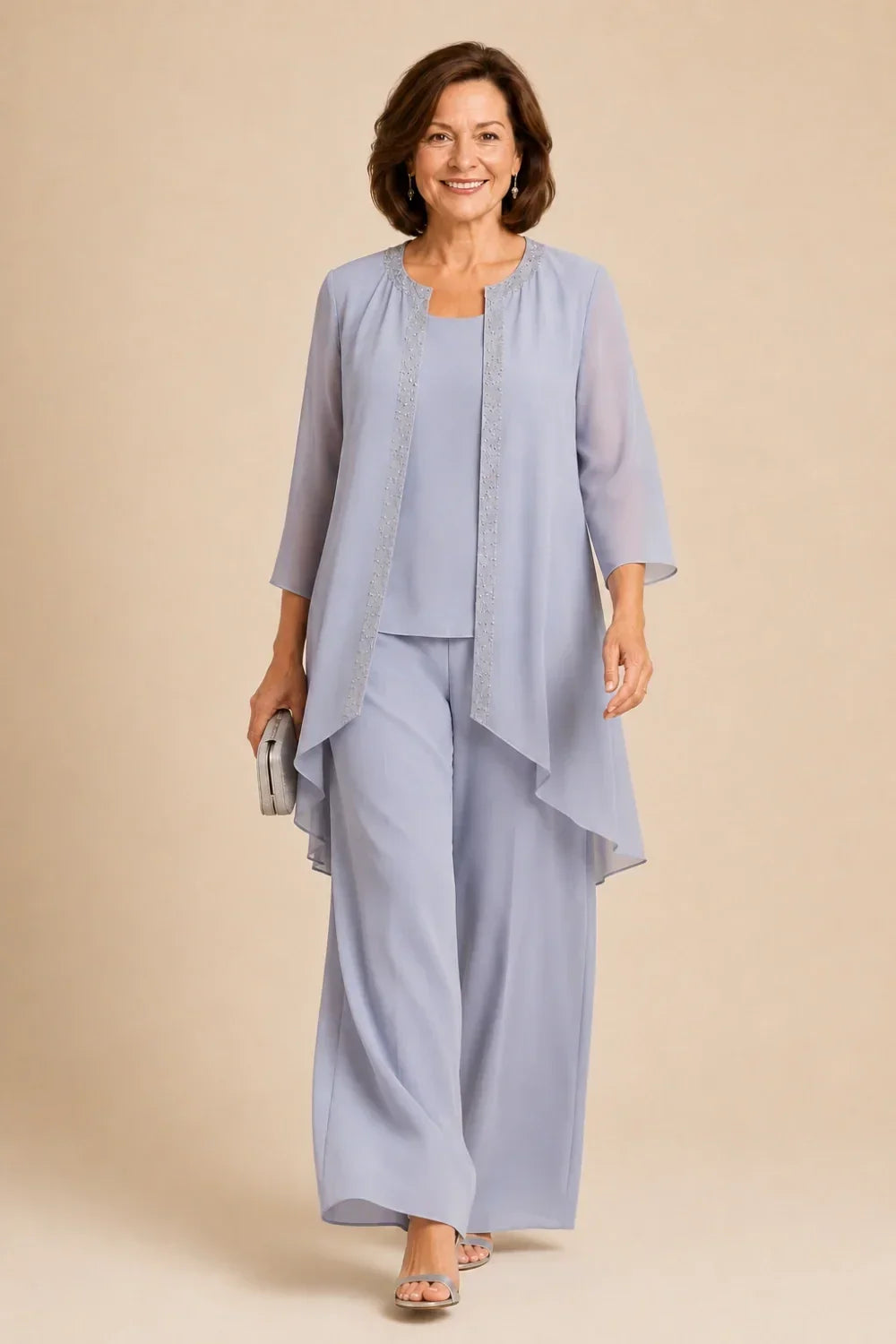 Beaded Three-Piece Trouser Suit with Draped Jacket