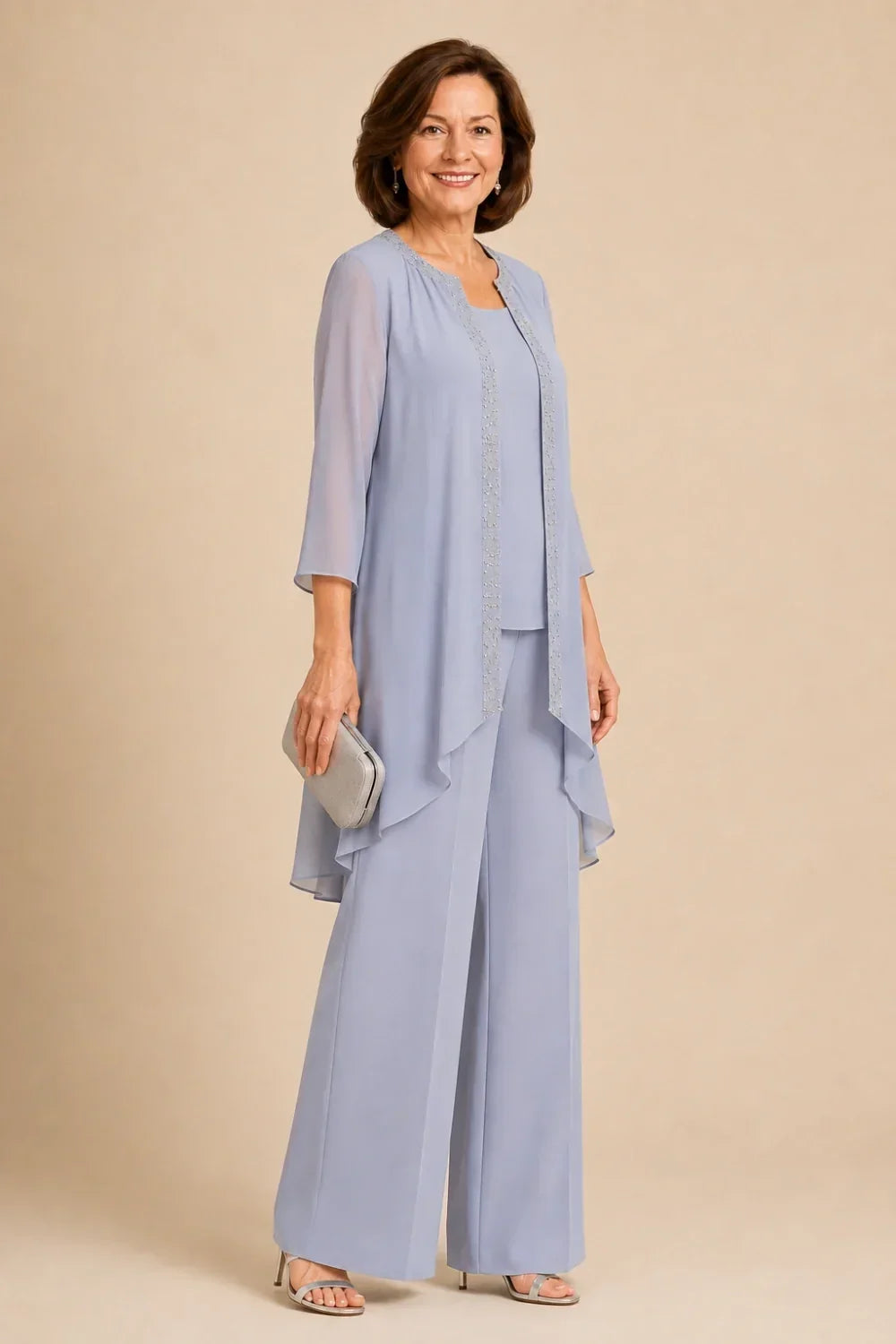 Beaded Three-Piece Trouser Suit with Draped Jacket