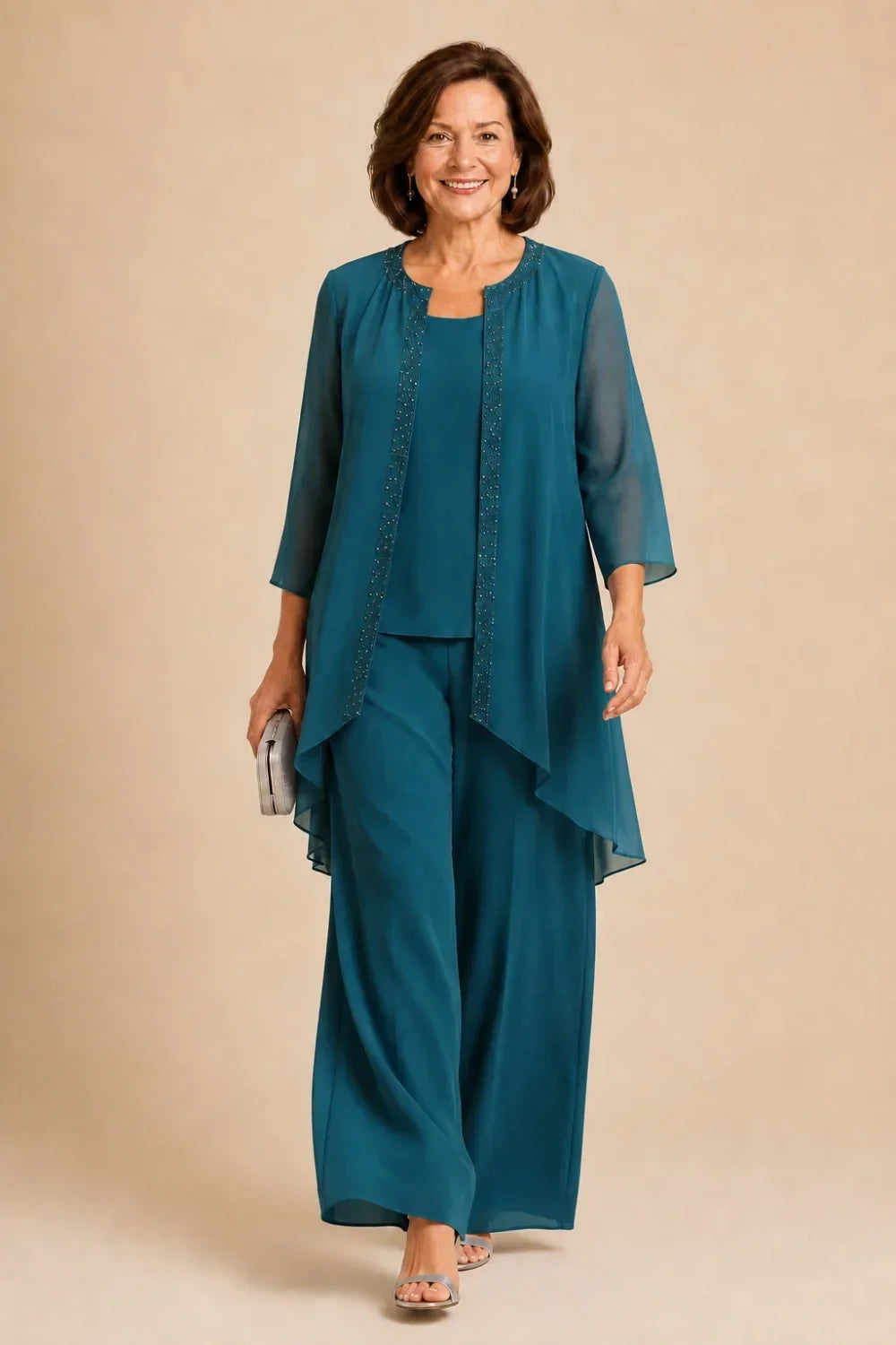 Beaded Three-Piece Trouser Suit with Draped Jacket