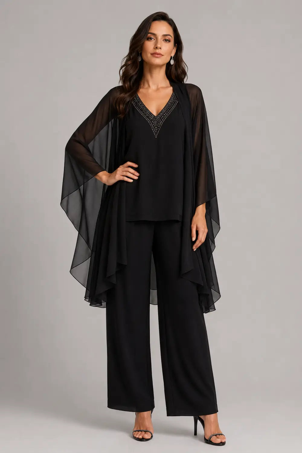 Beaded V-Neck Capelet Trouser Suit