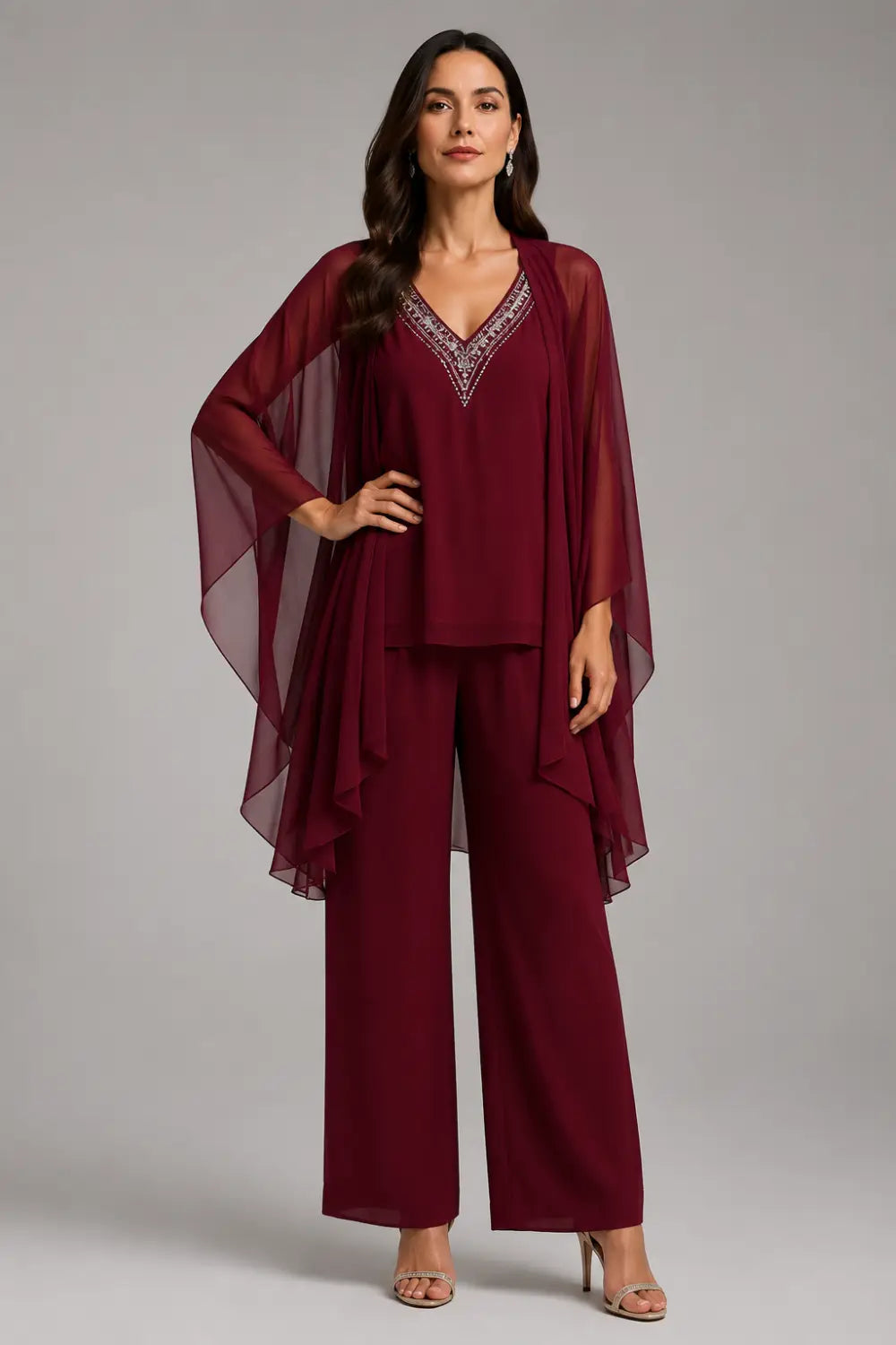 Beaded V-Neck Capelet Trouser Suit