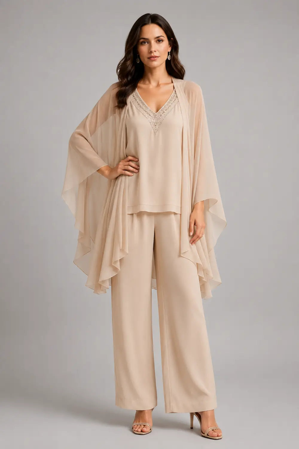 Beaded V-Neck Capelet Trouser Suit