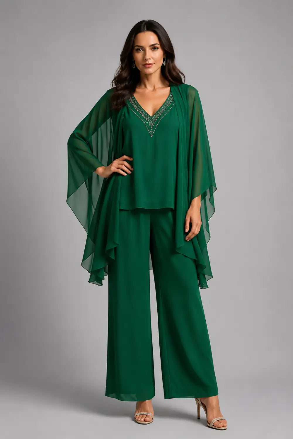 Beaded V-Neck Capelet Trouser Suit