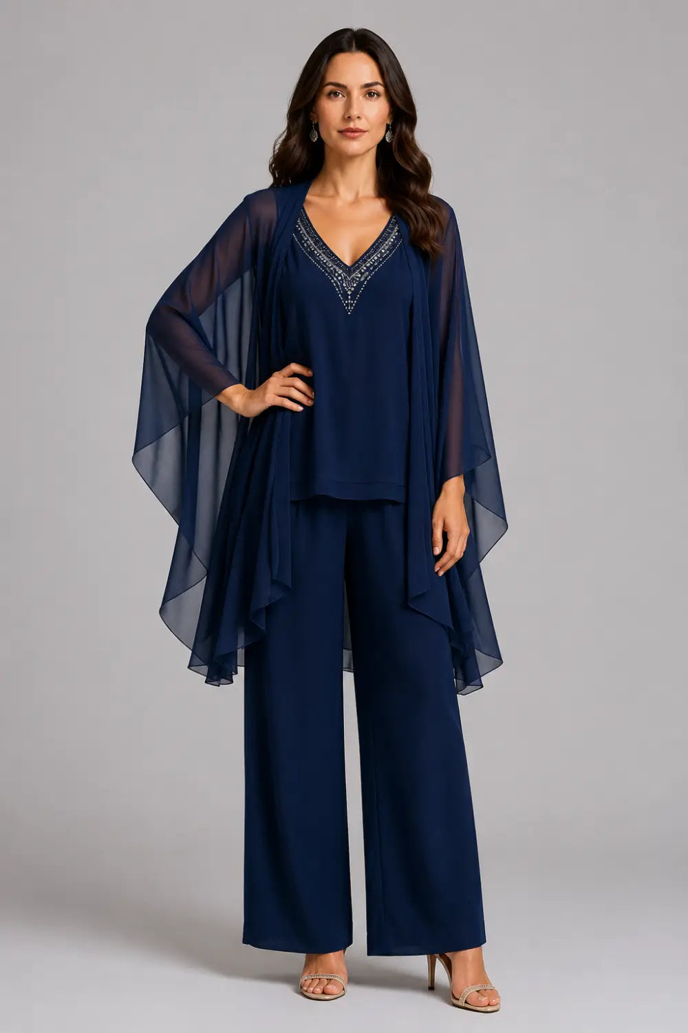 Beaded V-Neck Capelet Trouser Suit