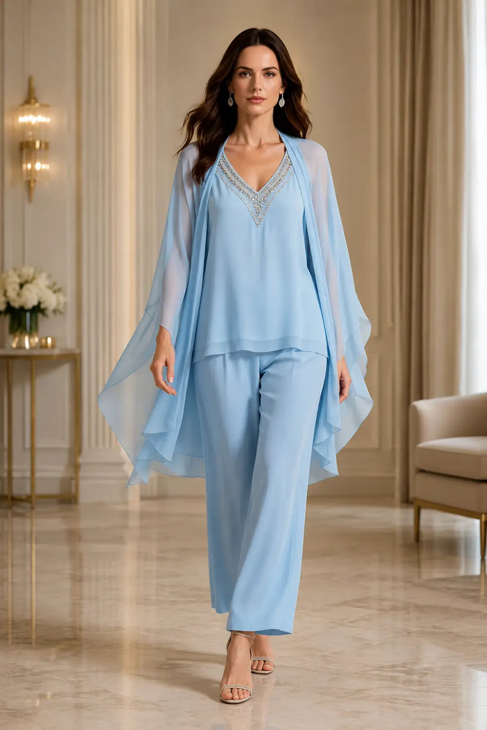 Beaded V-Neck Capelet Trouser Suit