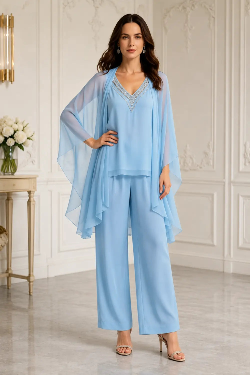 Beaded V-Neck Capelet Trouser Suit