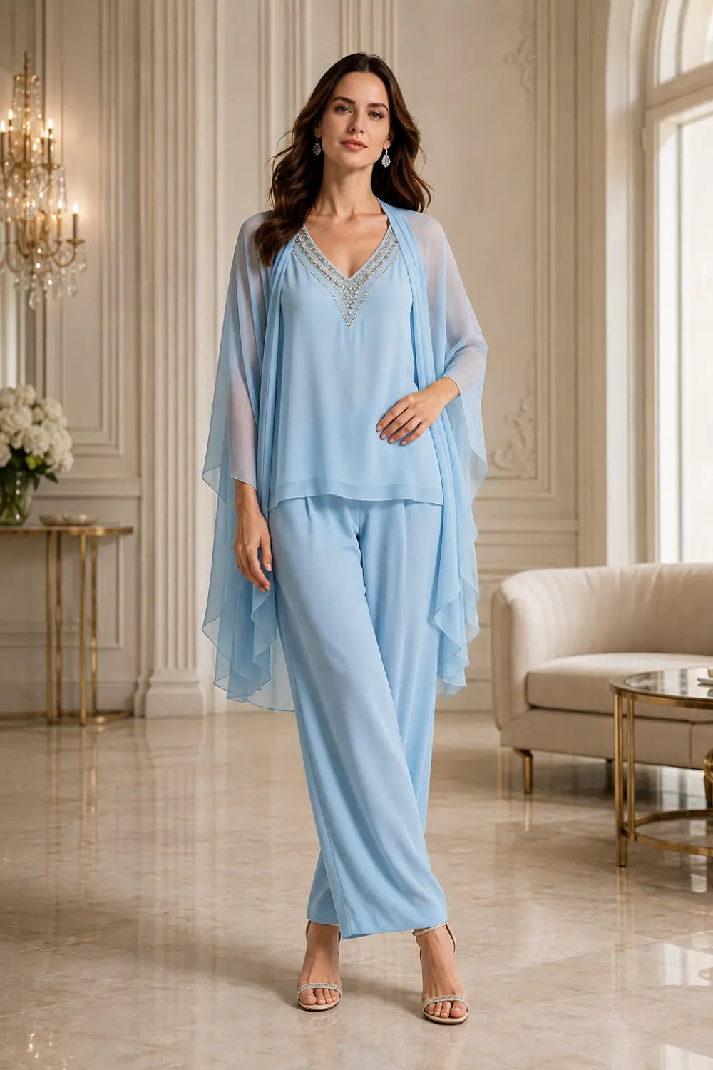 Beaded V-Neck Capelet Trouser Suit