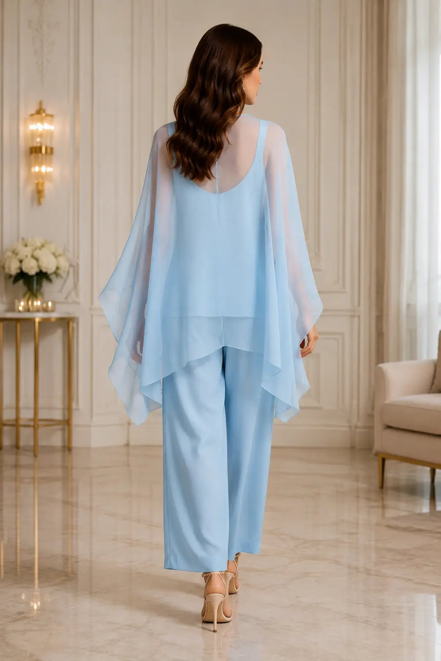 Beaded V-Neck Capelet Trouser Suit
