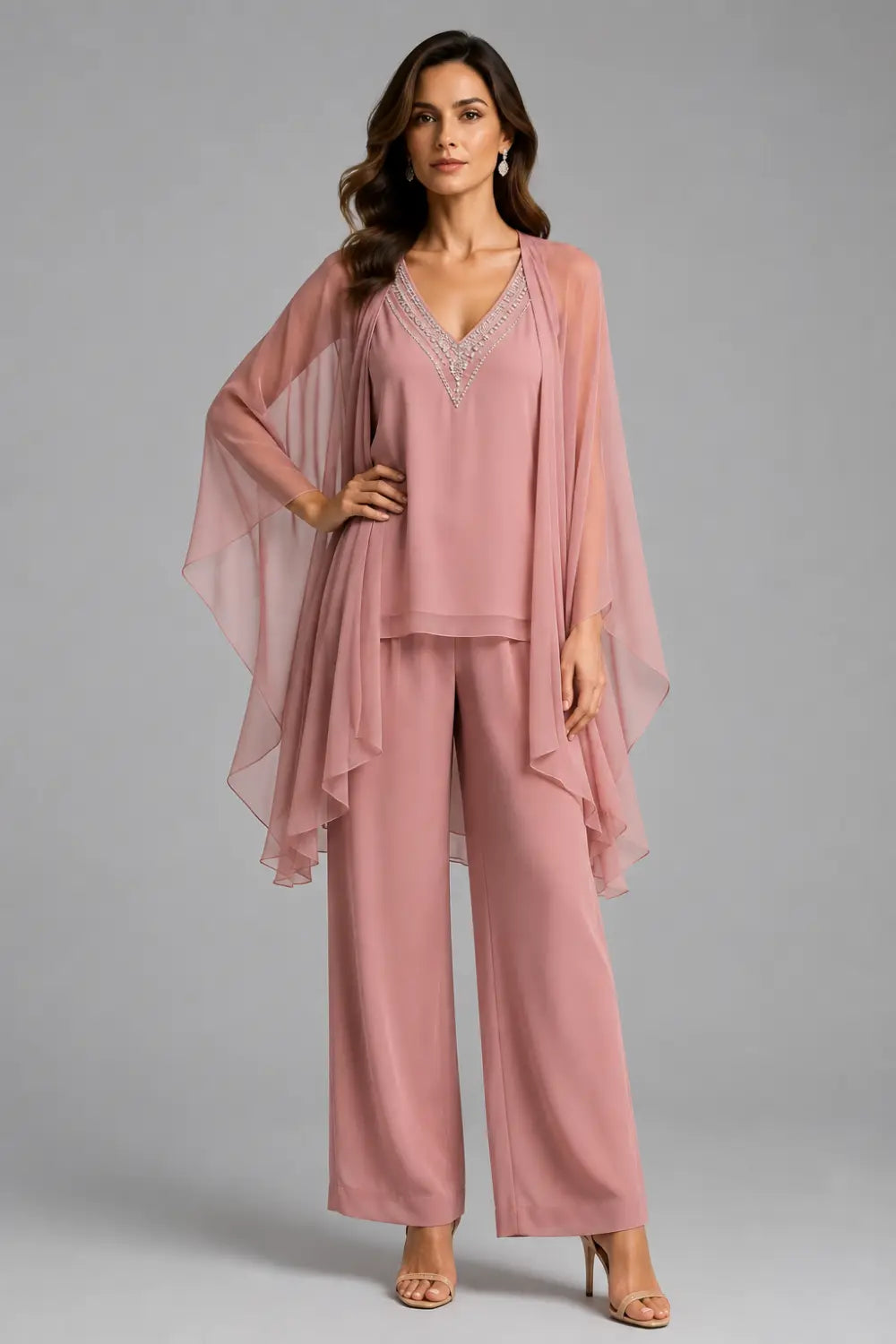 Beaded V-Neck Capelet Trouser Suit