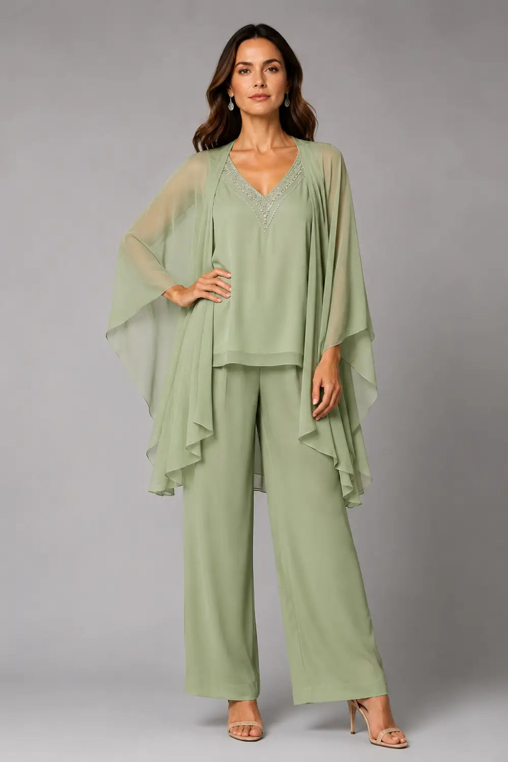 Beaded V-Neck Capelet Trouser Suit