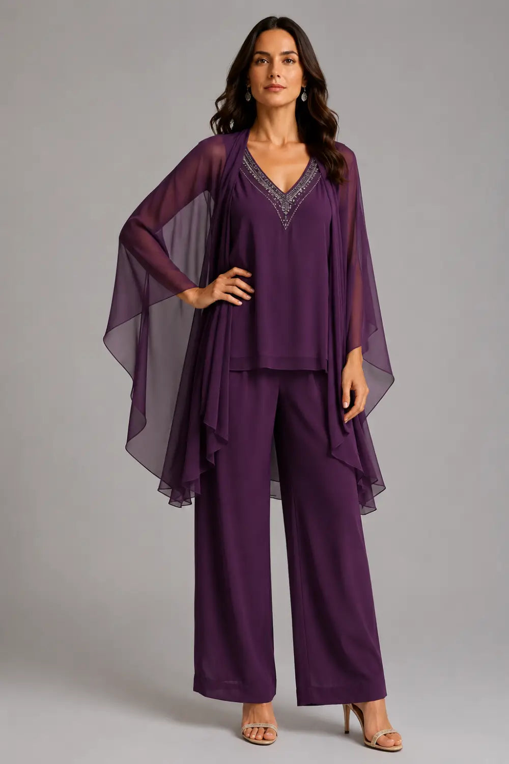 Beaded V-Neck Capelet Trouser Suit