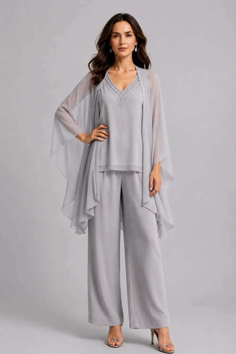 Beaded V-Neck Capelet Trouser Suit
