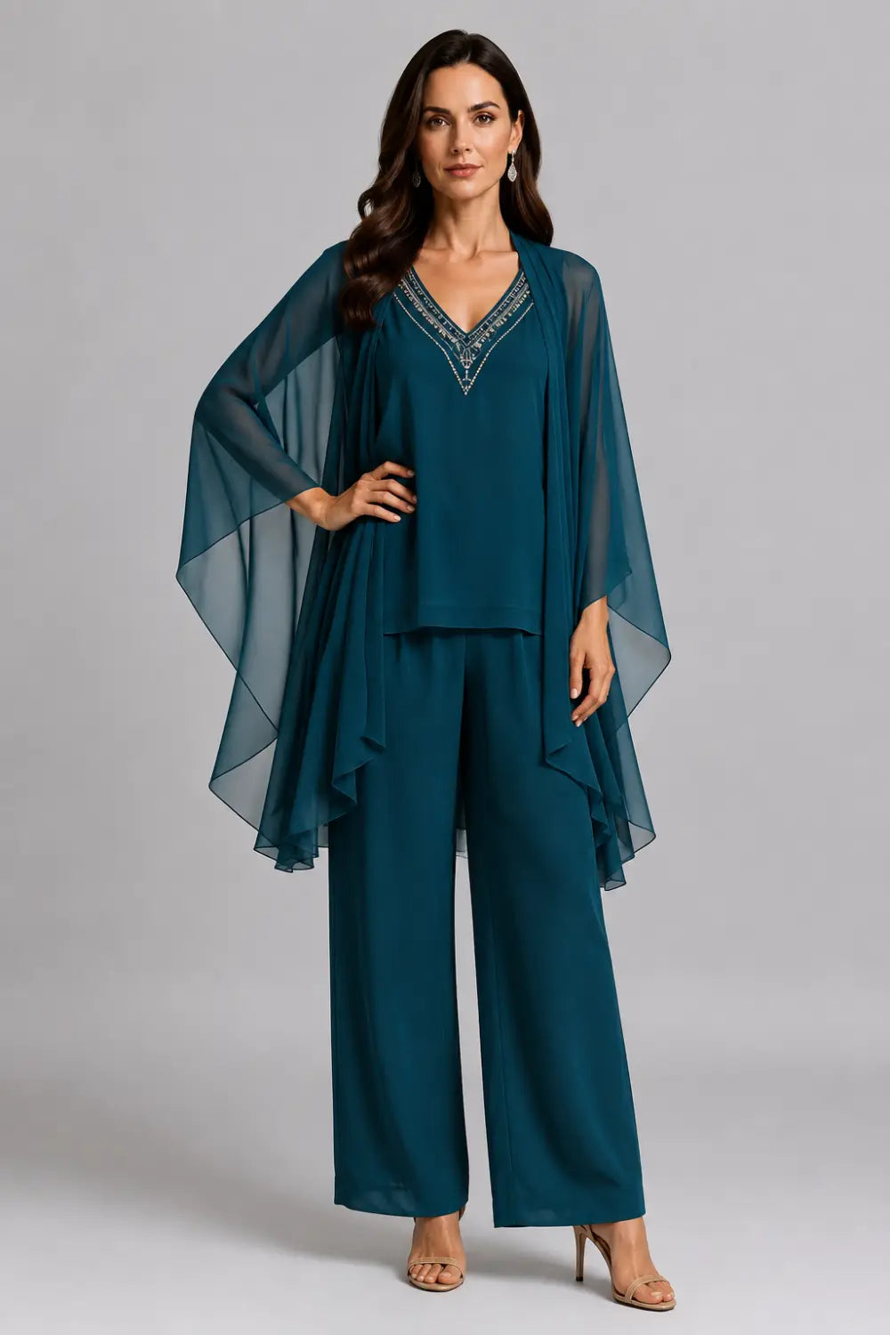 Beaded V-Neck Capelet Trouser Suit
