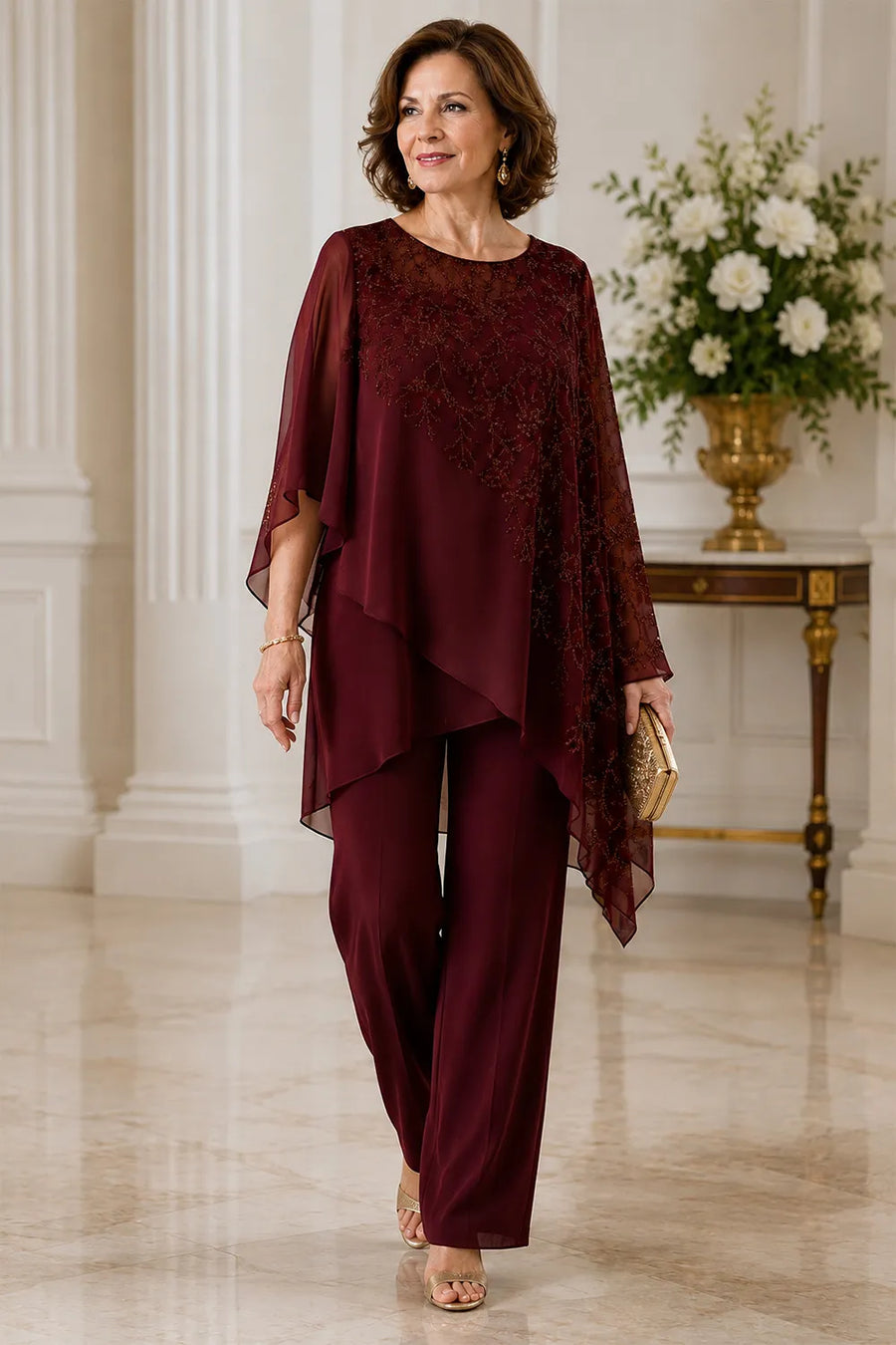 Embroidered Overlay Mother of the Bride Trouser Suit