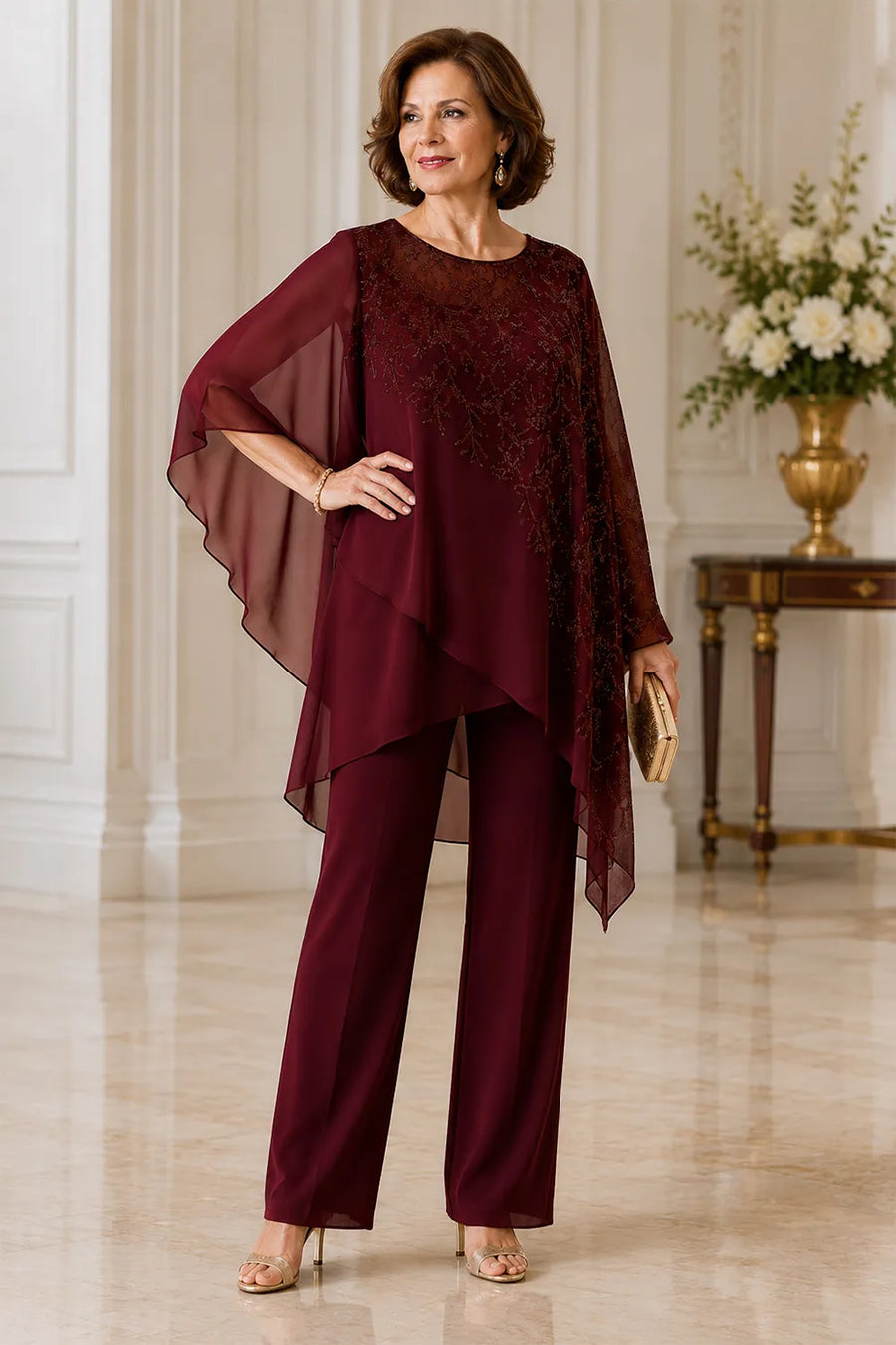 Embroidered Overlay Mother of the Bride Trouser Suit