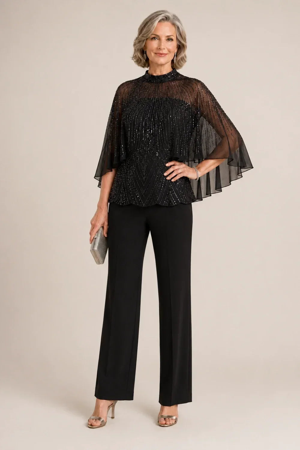 Sequin Mesh Capelet Trouser Suit with High Neck