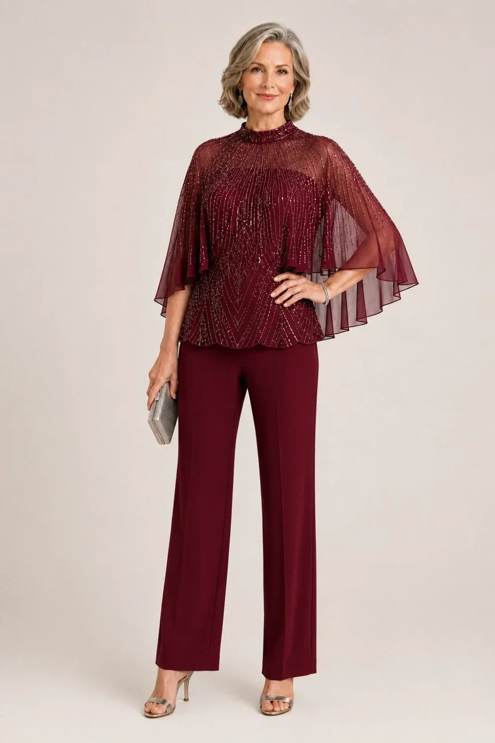 Sequin Mesh Capelet Trouser Suit with High Neck