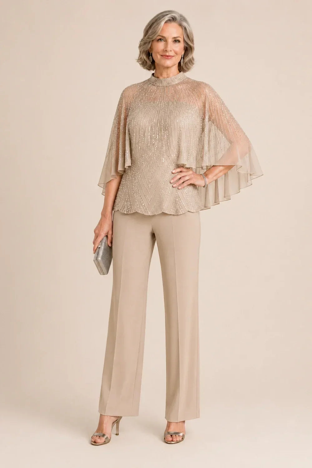 Sequin Mesh Capelet Trouser Suit with High Neck