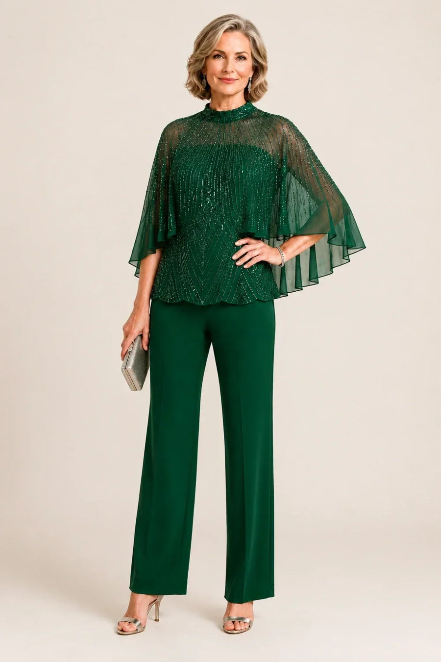 Sequin Mesh Capelet Trouser Suit with High Neck