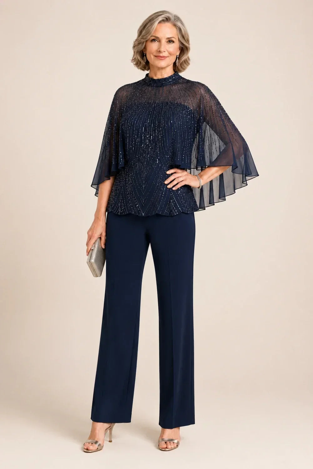 Sequin Mesh Capelet Trouser Suit with High Neck