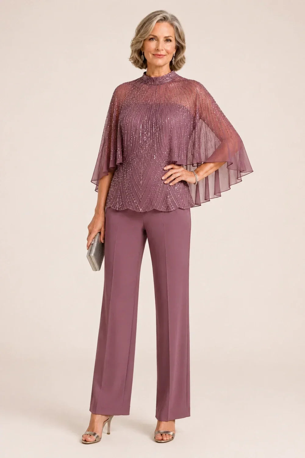 Sequin Mesh Capelet Trouser Suit with High Neck
