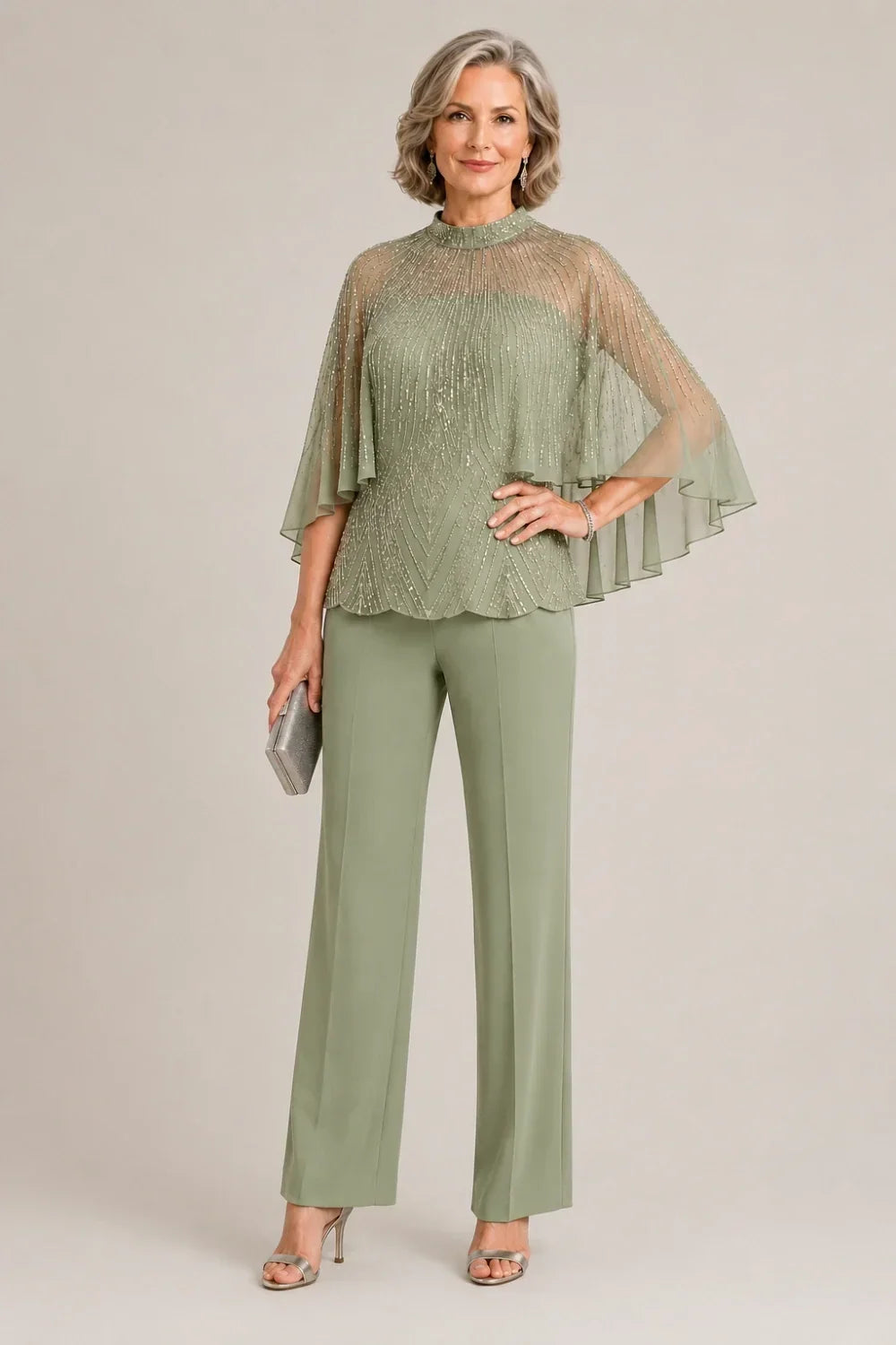 Sequin Mesh Capelet Trouser Suit with High Neck