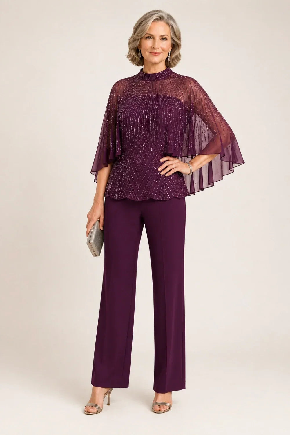 Sequin Mesh Capelet Trouser Suit with High Neck