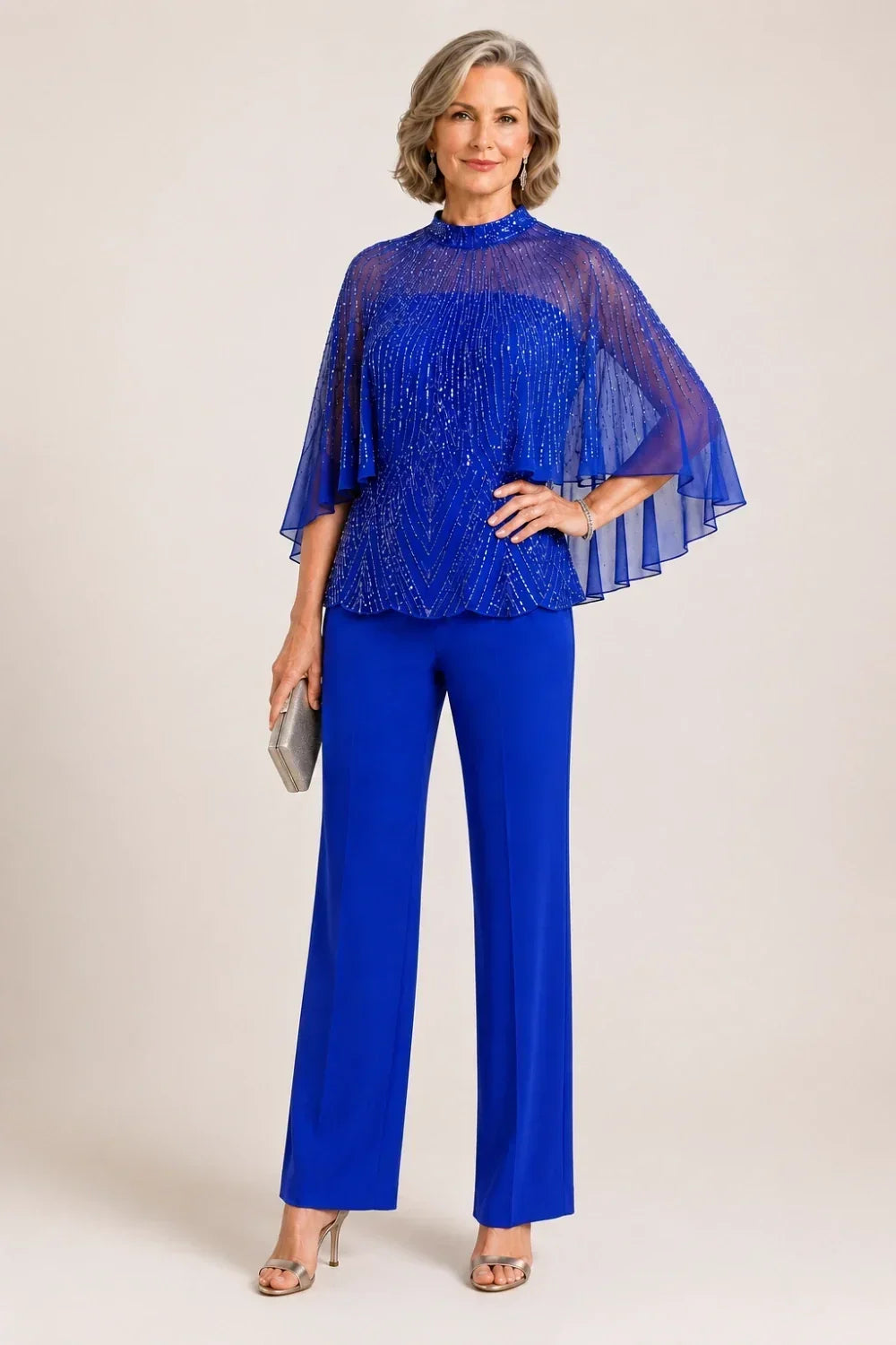 Sequin Mesh Capelet Trouser Suit with High Neck