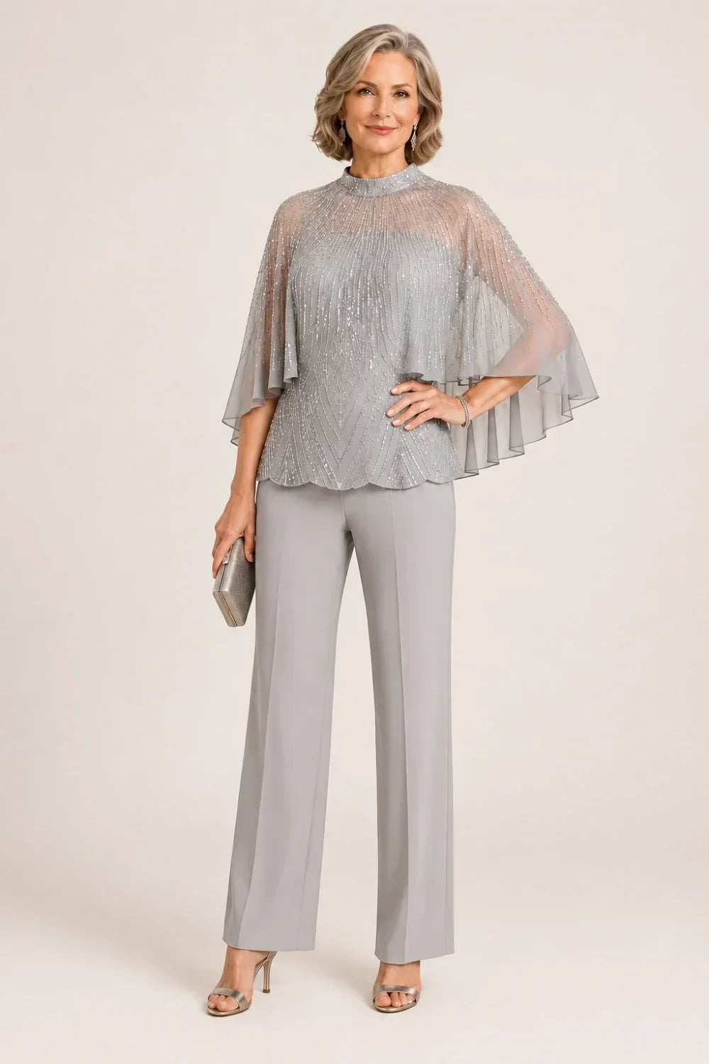 Sequin Mesh Capelet Trouser Suit with High Neck