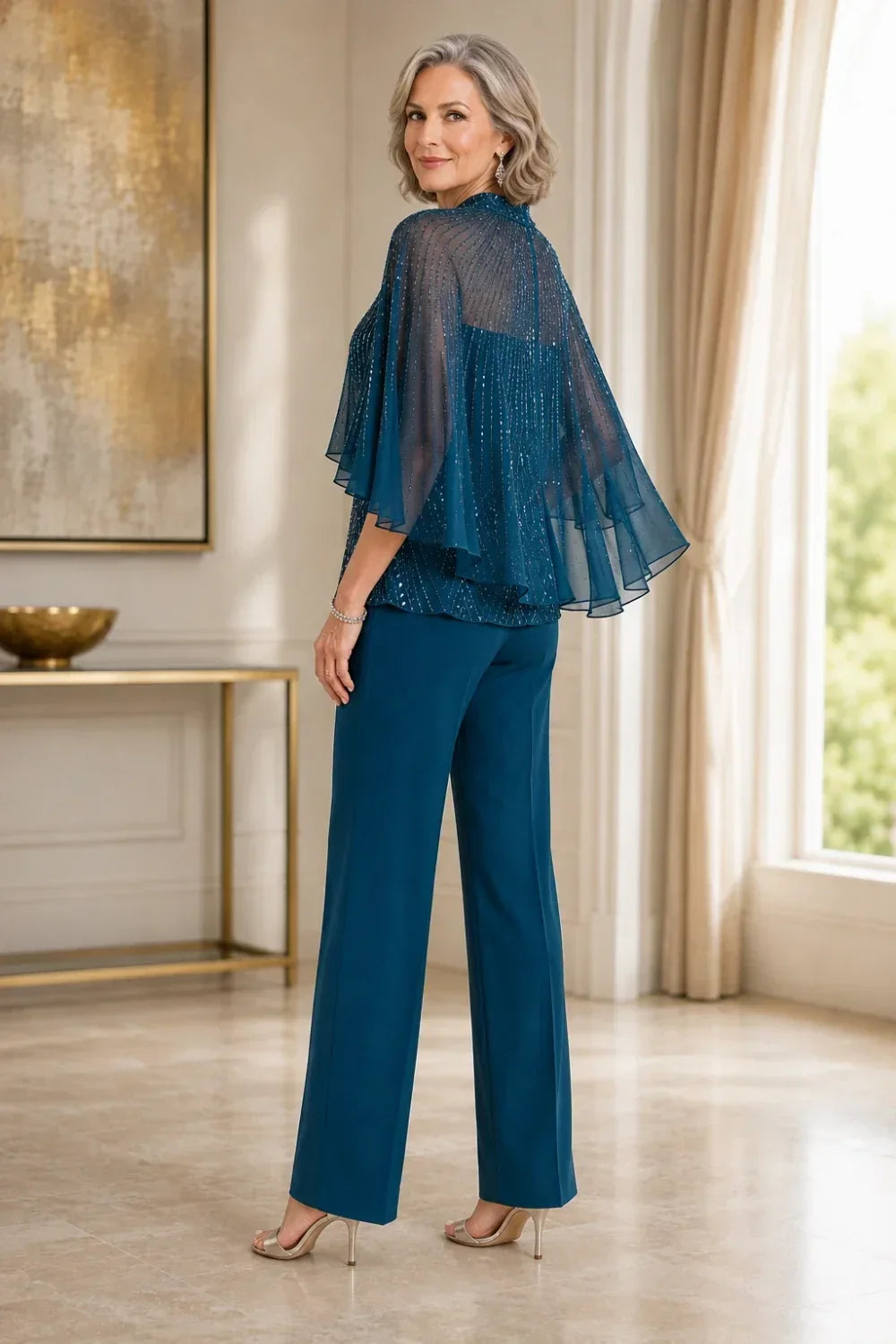 Sequin Mesh Capelet Trouser Suit with High Neck