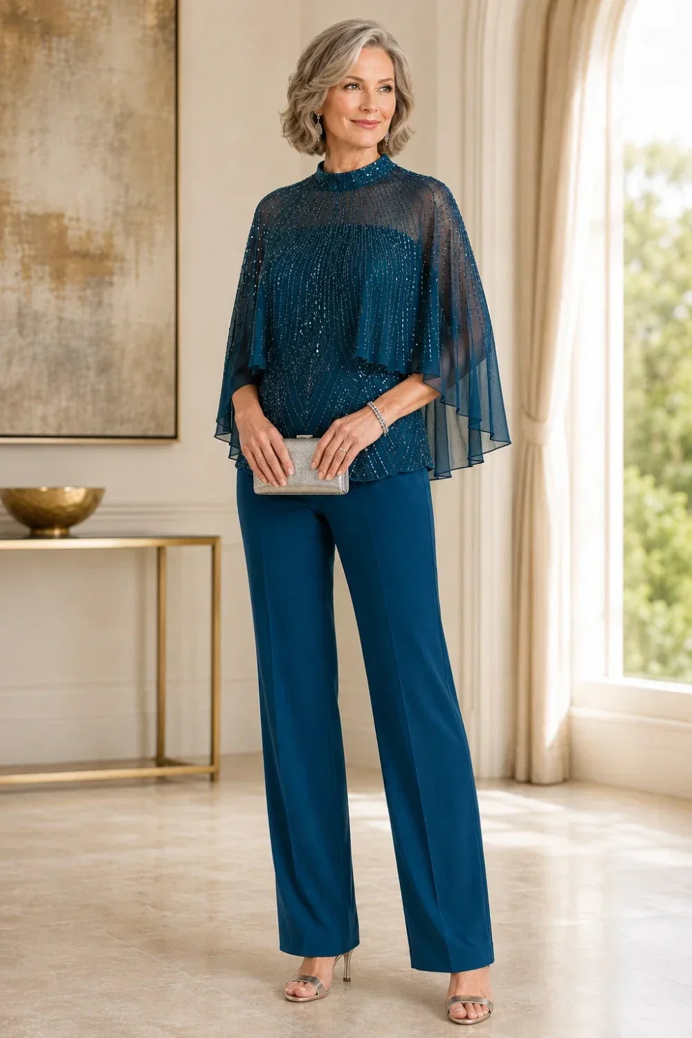 Sequin Mesh Capelet Trouser Suit with High Neck