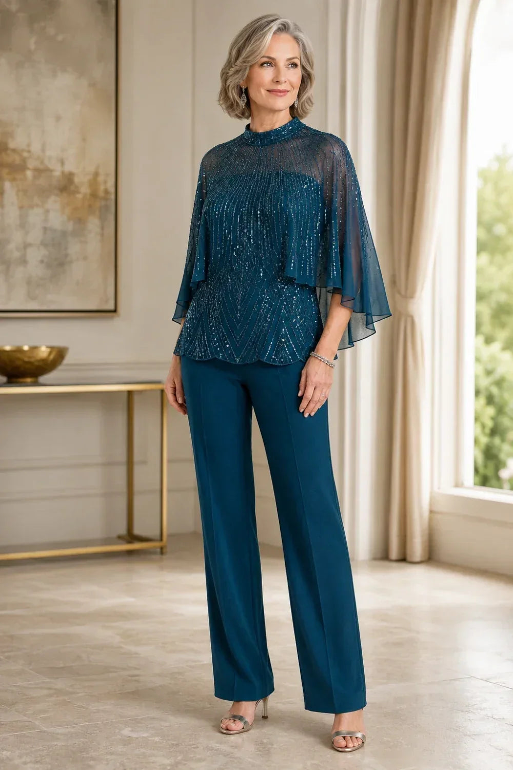 Sequin Mesh Capelet Trouser Suit with High Neck